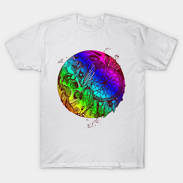 Rainbow Skull and Dreamcatcher Circle T-Shirt by kenallouis